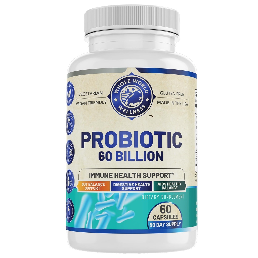 Probiotic 60 Billion CFU / g Bilans 124; Immune, Digestive & Gut Health Support Bilans 124; Supports Conducts, Gas & Bloating Bilans 124; All Natural, Dairy Free, Soy Free 124; 60 Capsules Britange 124; Made in USA.