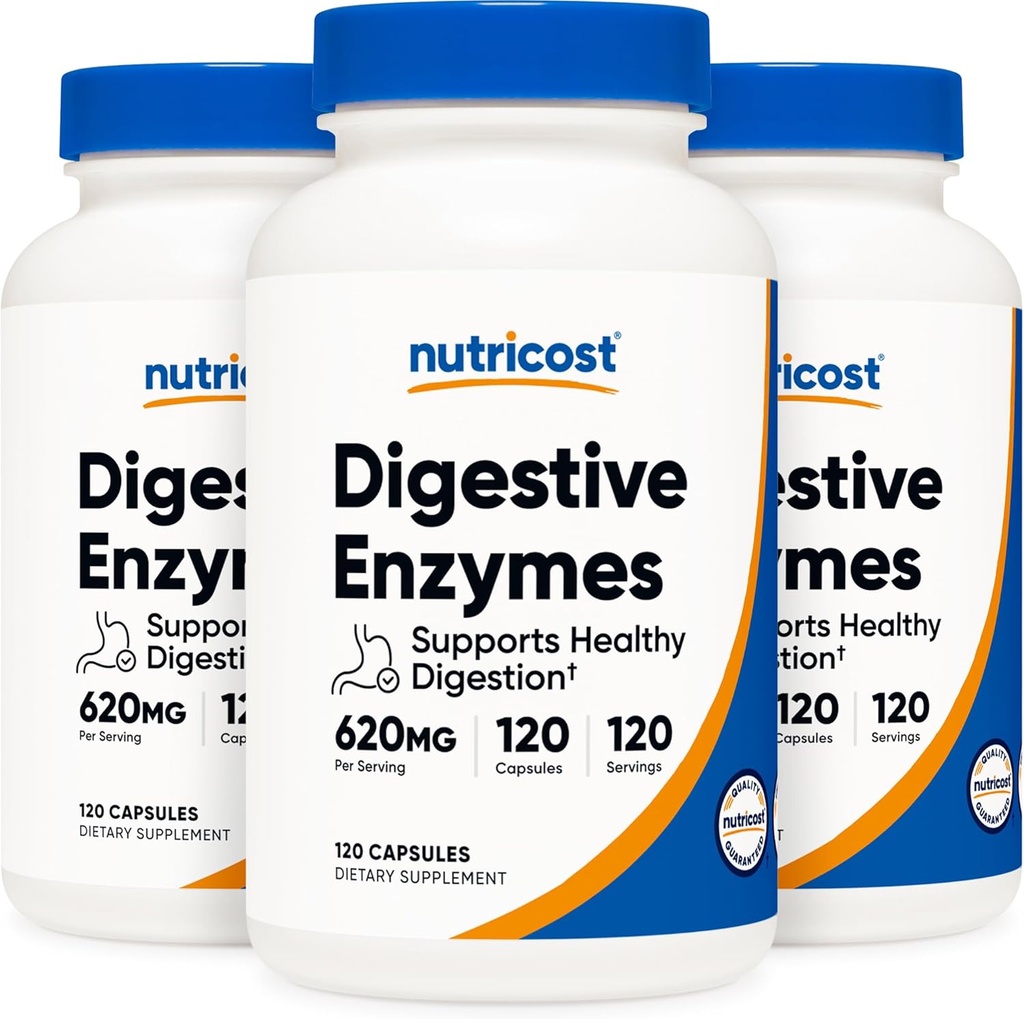 Nutricost Digestive Enzymes 620mg, 120 Kapsułek wegetariańskich (3 butelki) - Kompletny suplement Digestive Enzyme