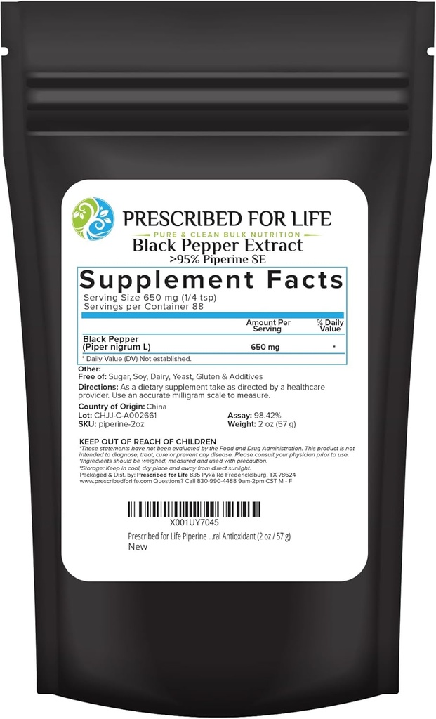 Przepisany do użytku Piperine Proszek, 95% Czarny pieprz ekstrakt Proszek, Wzmacnia Wchłanianie odżywcze, Bez glutenu, Wegan, Nie GMO, Naturalny przeciwutleniacz (2oz / 56g)