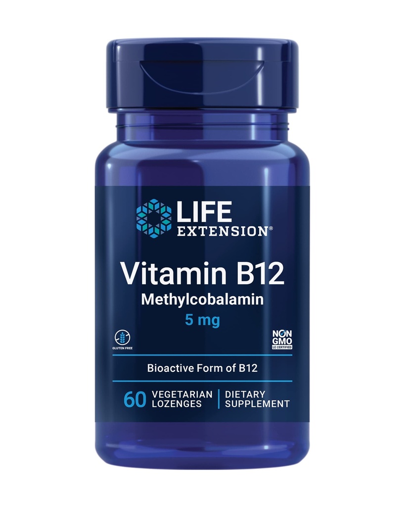 Przedłużenie życia Witamina B12 Metylokobalamina, Nerve Health Supplement, Wsparcie kognitywne, Witamina energetyczna, metylokobalamina B12, 5 mg, Quick- Rozpuszczanie, Gluten- Free, Non-GMO, Wegetarianin, 60 lozengi
