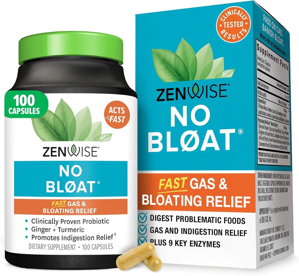 Zenwise Health No Bloat Digestive Enzymes for Gut Health, Gas & Bloating Relief - Multi Enzymes Diessupplement with Probiotics, Ginger, Turmeric Dandelion & Lactase - Mężczyźni i kobiety - 100