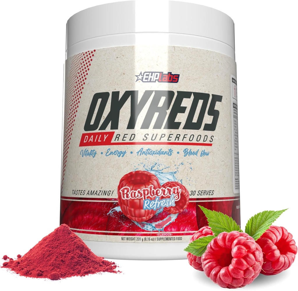 EHP Labs OxyReds Superfood Basets Powder - Suplement tlenku azotu, Organic Beet Root Powder, Immune Supplement Supplement & Prebiotyki dla zdrowia trawiennego, Proszek buraczany - Raspberry Refresh, 30 Służenia