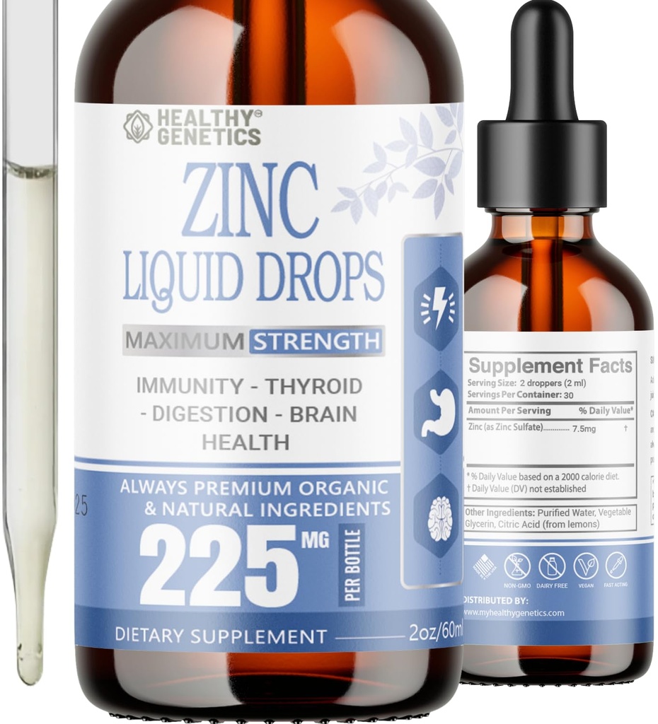 Płynne krople cynku dla dzieci, mężczyzn i kobiet 124; Organiczny siarczan cynku jonowego 124; Immunitet, nastroj, mózg tyroid 124; 30 Day Supply 124; 2 Oz