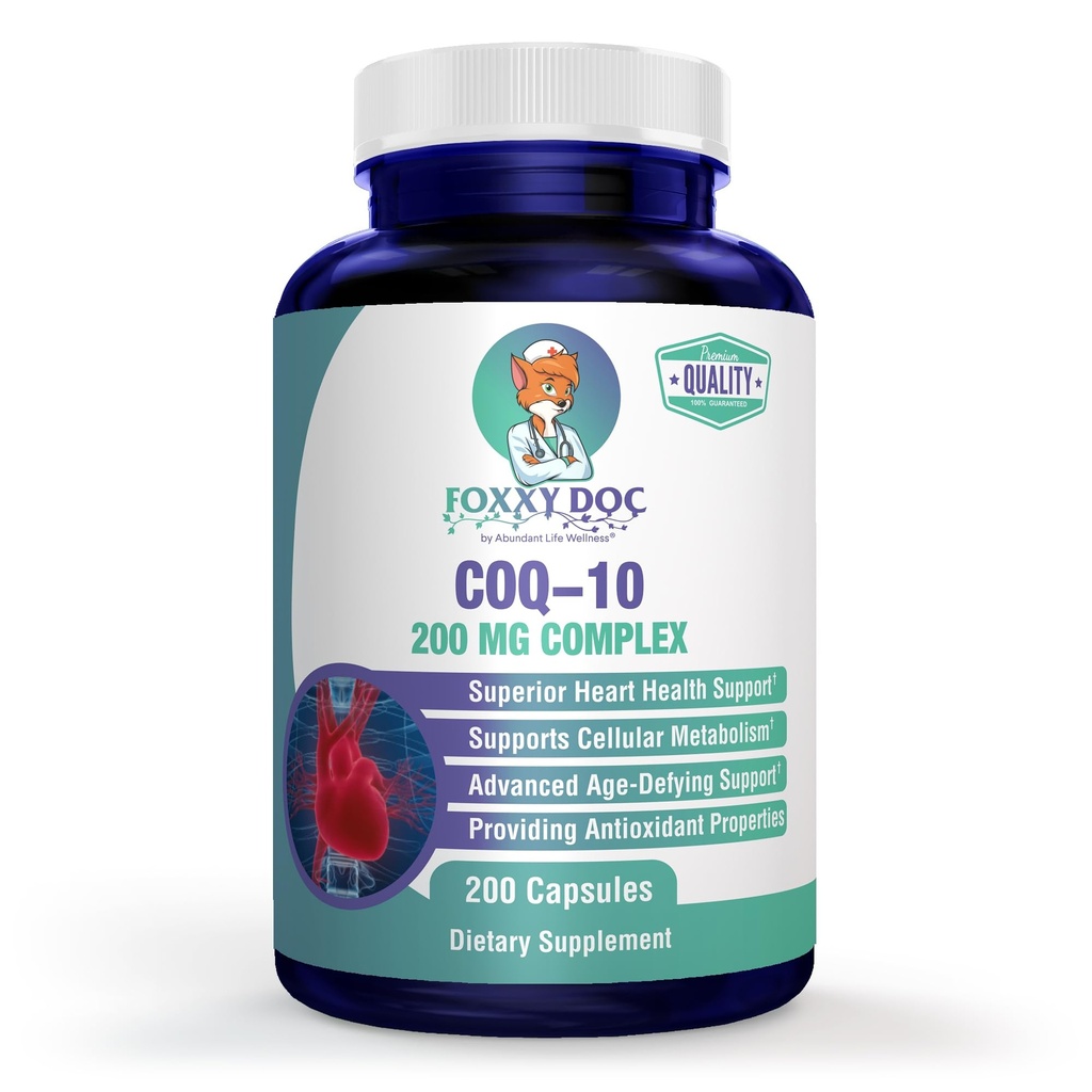 CoQ10 - Co- Enzyme Q10- 200 mg - Doskonała Wartość - 200 Czapki - Szybka absorpcja - Żywica. Czapki - Nie-GMO - Ubichinon - Serce & Energia komórkowa i suplement mózgu przez Foxxy Doc