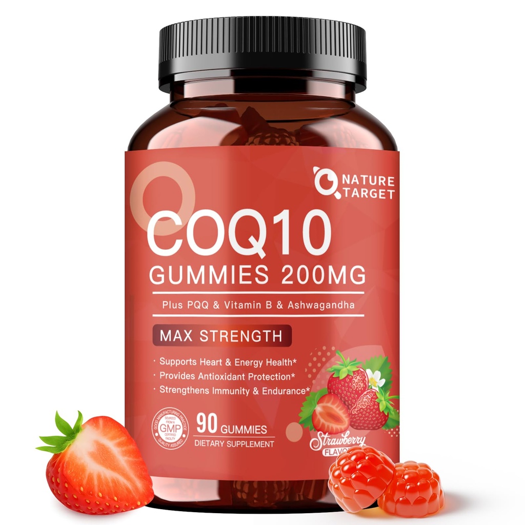 NATURE DOCELOWE CoQ10 Gumies 200mg - Wysoka Absorpcja Koenzym Q10 Suplementy do Serca, Energii i Przeciwutleniacza z PQQ XigZinc & Ashwagandha, Flavor truskawkowy, 90 Count