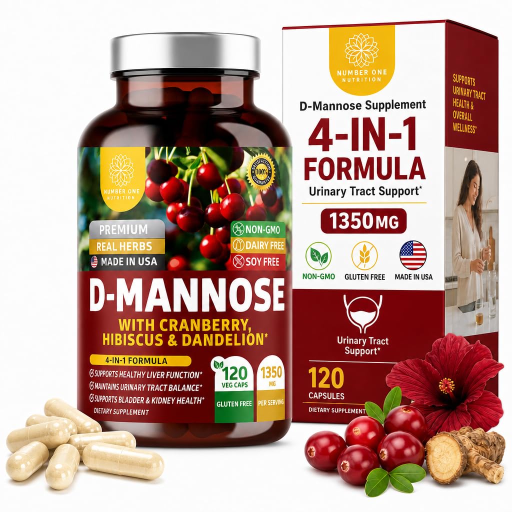 Numer jeden Nutrition Premium D Suplement mannozy dla kobiet i mężczyzn [Max Siła, 1350MG] Naturalny D- Mannos z żurawiny, Hibiscus i Dandelion dla zdrowia Traktu moczowego, 120 Hrabia