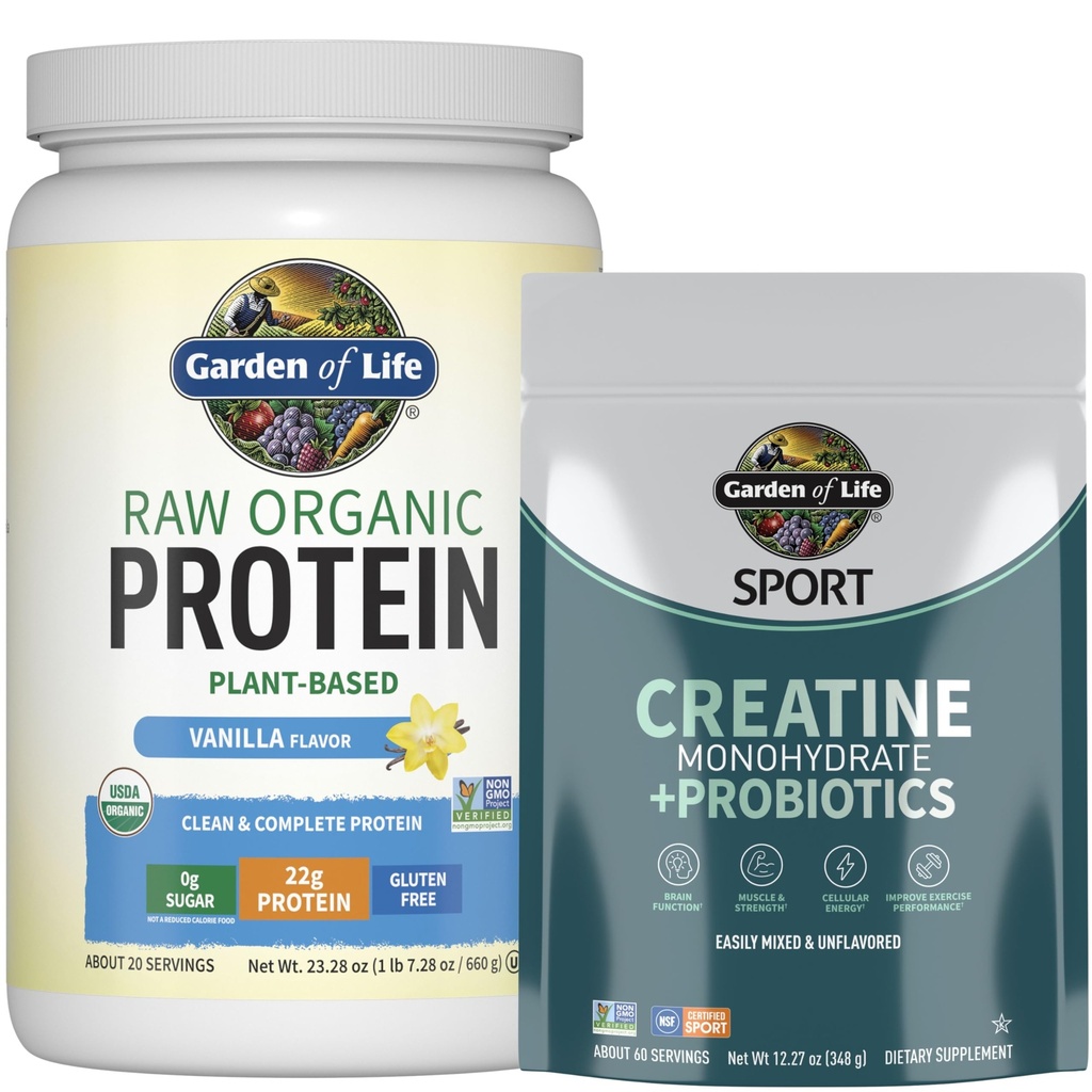 Ogród Protein & Creaine Bundle - Vegan Vanilla Protein Powder 20 Służenia z BCAA, Probiotyki i Enzymy + Monowodzian Creaine przedtreningowy 60 Sługi dla Mięśnie, Siła i Wydajność