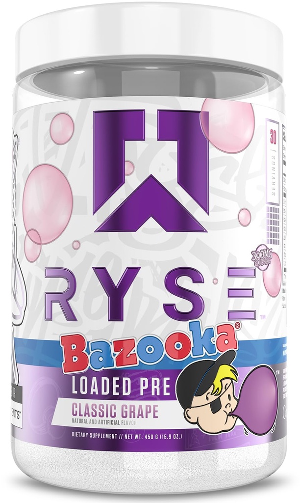 RYSE Załadowany proszek do przygotowania wstępnego - Bazooka Grape - Codzienne przygotowanie dla mężczyzn i kobiet z 390mg kofeiny, Beta Alanine i Citruline dla pompy, Focus, i energii - 30 Służenia
