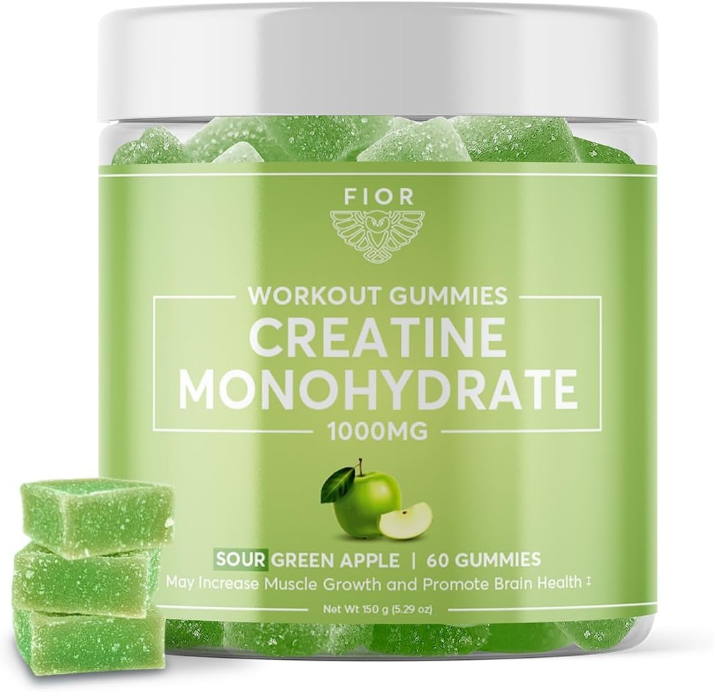 Gummy FIAR Creatine - Najlepszy Jedwabny Kreator Chewable, 60 Hrabia, Trening i suplement białka, Kognitive Enhancement, Sour Green Apple Flavor, 30 Służenia