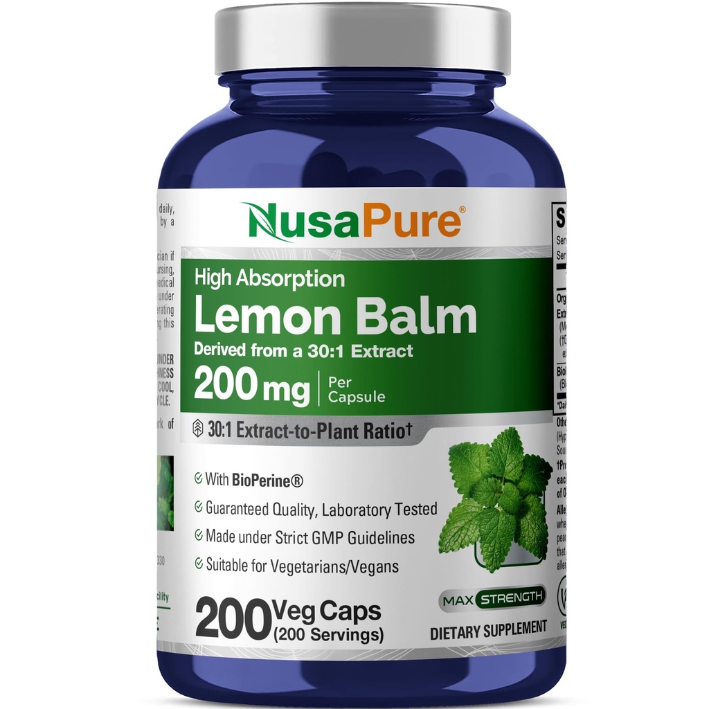 NusaPure Lemon Balm 30: 1 Extract, 200 mg ekwiwalent 6000mg Per Vegan Caps - 200 Count Non-GMO, Vegan Bioperine