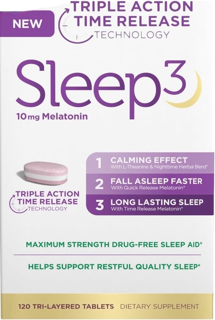NB Sleep3 Triple Action Time Release Melatonin Sleep Aid, 10 mg, maksymalna moc, wolne od narkotyków, 120 tabletek trójwarstwowych, z L- Theanine