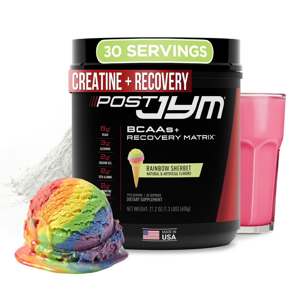 JYM Supplement Science Post JYM Aktywna Matrix Rainbow Sherbet Amino Recovery Powder Pure Creature HCL, BCAA, Glutamina, Karnityna, Betaine, Tauryna na siłę, Naprawa, Wydajność 30 Służenie