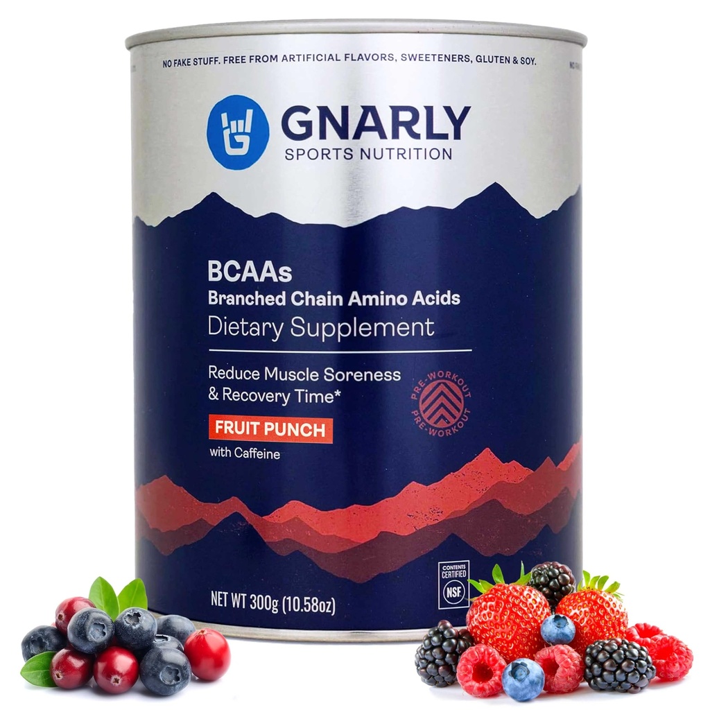 Gnally Nutrition BCAA Powder, Fruit Punch - Wstępny trening BCAAS Amino Acids - NSF Sport Certified - Suplement do wsparcia i odbudować mięśnie - Fruit Punch z kofeiną, 10.58 oz
