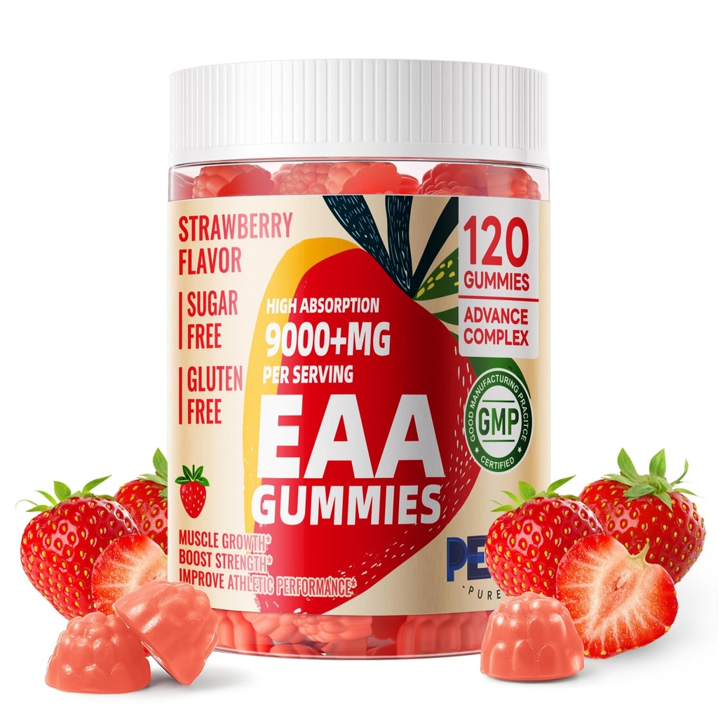 Zwierzęta domowe Najczystsze Gummie EAA 120 Gummies (truskawka), Esential Amino Acids - Wszystkie 9 Esential Aminos (EAA) i All Branched- Chain Aminos (BCAA), Non-GMO, Gluten Free, Wegetariański friendly
