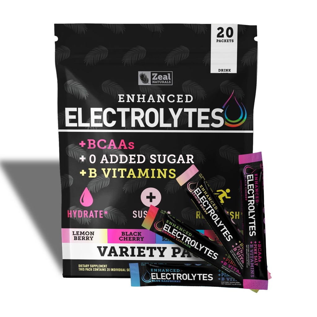 Zeal Naturals Enhanced Electrolyte Puder Stick Packs (Variety Pack - 20 Pakiety) Sugar Free + BCAA B- Vitamins & Pink Himalayan Salt - Keto Electrolytes, Hydration Powder