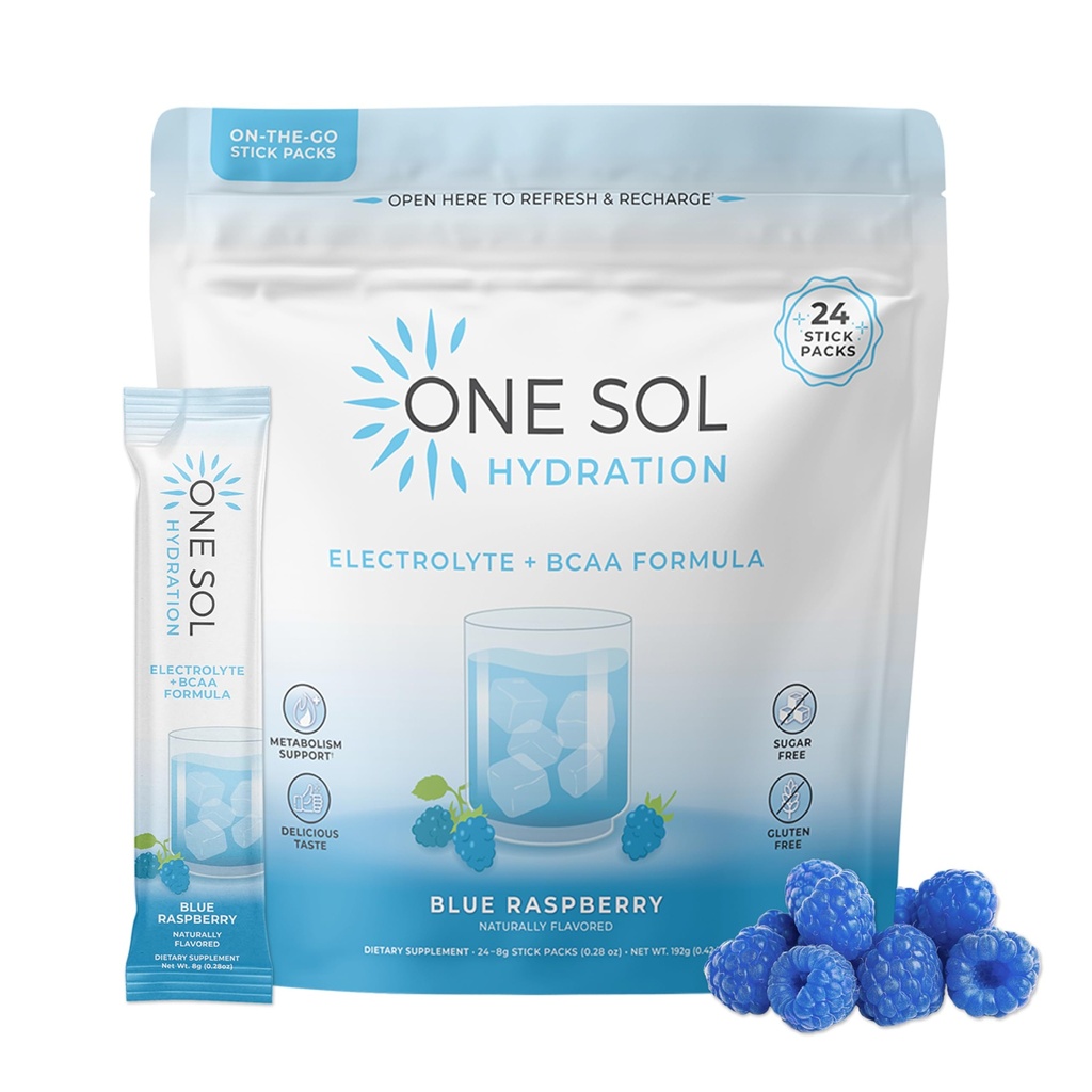 One Sol BCAA & Electrolyte Proszek do hydrolizy i energii, All- Natural Formula, 100% Wegan, Non-GMO, Gluten Free & Soy- Free, Promotes Muscle Growth & Recovery, Natural Blue Malina Flavor
