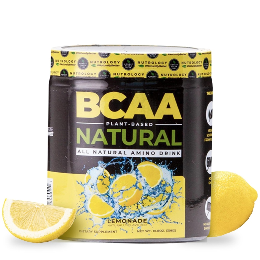 Nutrologia BCAA Natural - Plant Based BCAA Proszek, Lemoniada Flavor, Zoptymalizowany 2: 1: 1 Stosunek Amino Kwasy Proszek do wstępnego treningu i post Workout Recovery, Wegan, Gluten- Free, Non-GMO, 30 Służenia