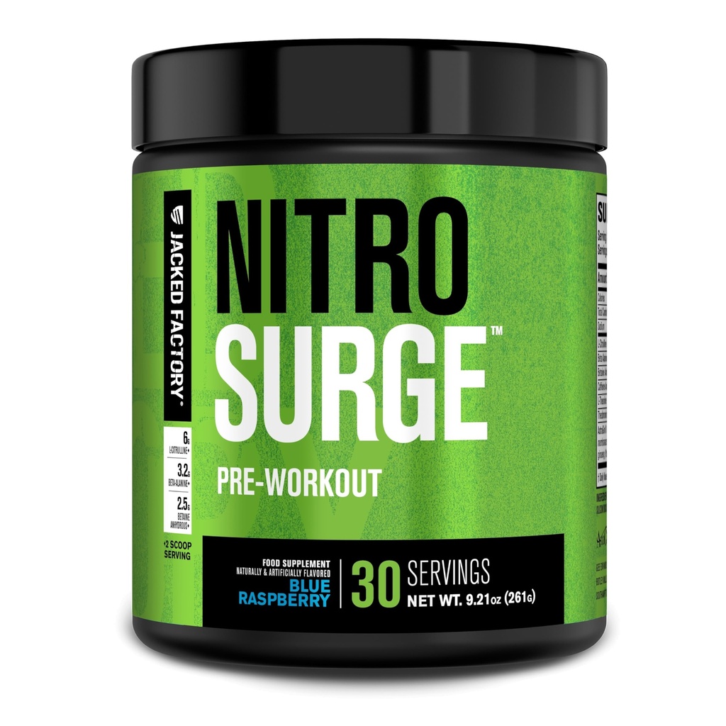Jacked Factory NITROSURGE PreWorkout Supplement - Energy Booster, Instant Siła Zyski, Clear Focus & Intensywne pompy - NO Booster & Potężny Prettenment Energy Powder - 30 Służenia, Niebieski Malina