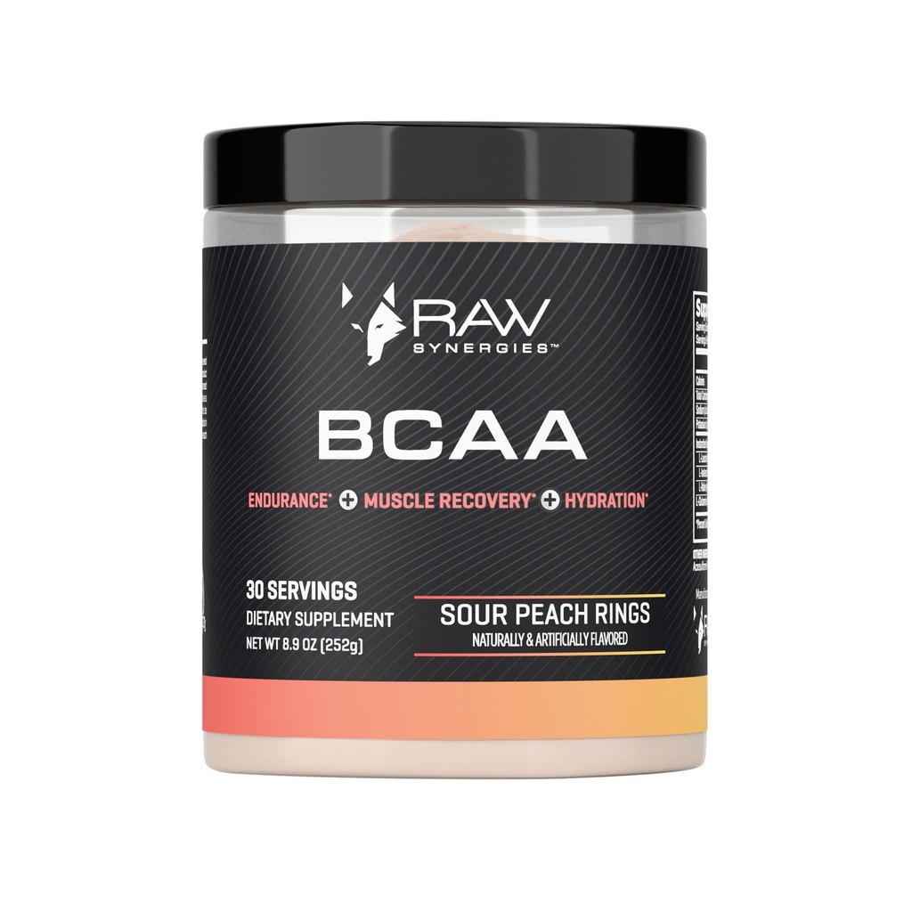 RAW Synergie BCAA Proszek - Wegan 2: 1: 1 Amino Kwasy z L- glutamina - Odzysk mięśni, Endurance & Hydration Support - Sour Peach Pierścienie, 30 Słupki