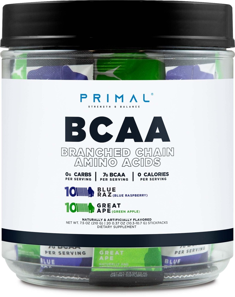 Pierwotne BCAA Pack Variety, Blue Malina + Great Ape Green Apple Flavored (20 Stickpack) - 7G BCAA za serwowanie, rozgałęzione Acids łańcuchowe