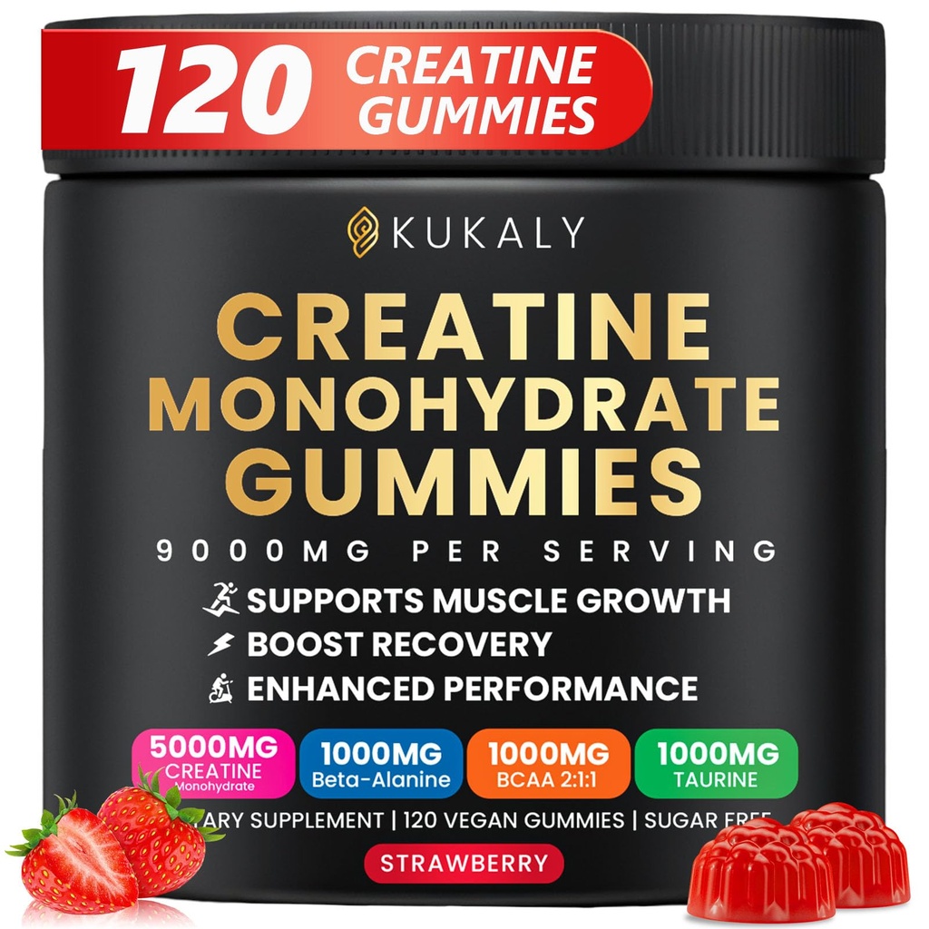 Jednowodzian Gummie dla mężczyzn i kobiet, 9000MG Gummie kreatynowe Cukru Darmowe z L- Tauryna, BCAA 2: 1, B12 B6 dla Boost Siła, Focus & Endurance, Wegan, Non-GMO, Truskawka, 120szt