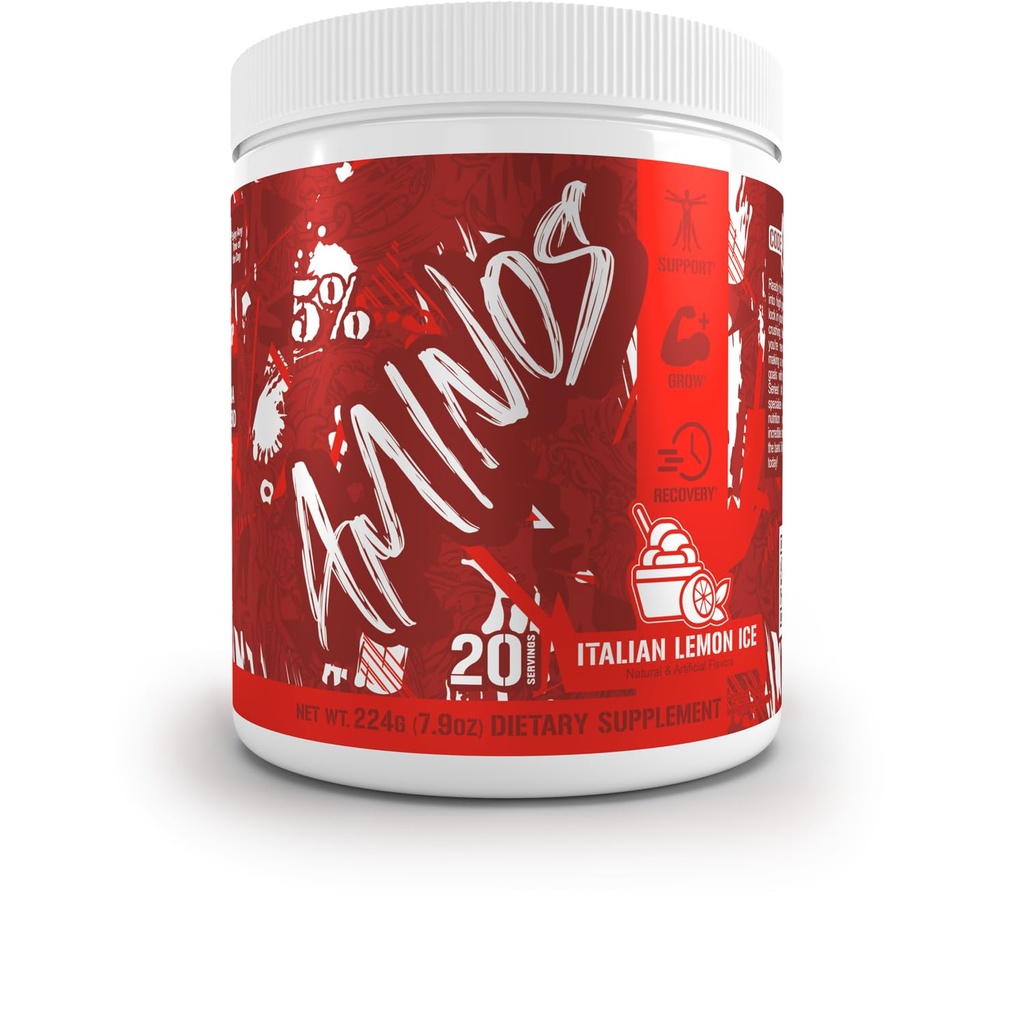 5% Kod odżywczy Red Aminos BCAA & EAA Post Workout Recout Proszek proszkowy 124; Full Spectrum Essential Amino Acid Complex dla mężczyzn i kobiet (włoski Lemon Ice)