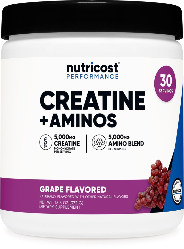 Nutricost Creatine + Aminos 30 Sertings (Grape Flavored) - 5 000 mg Creatine Monohydrat + 5000mg Amino BCAA Mieszanka na Podawanie
