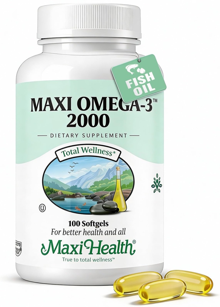 Maxi Health Omega 3 Fish Oil 2000mg - Fish Oil Omega 3 Supplements with No Fishy Aftertaste - Triple Force EPA DHA - Kosher Omega3 Suplement do pomocy Wsparcie ogólne Wellness (100 Softgels)