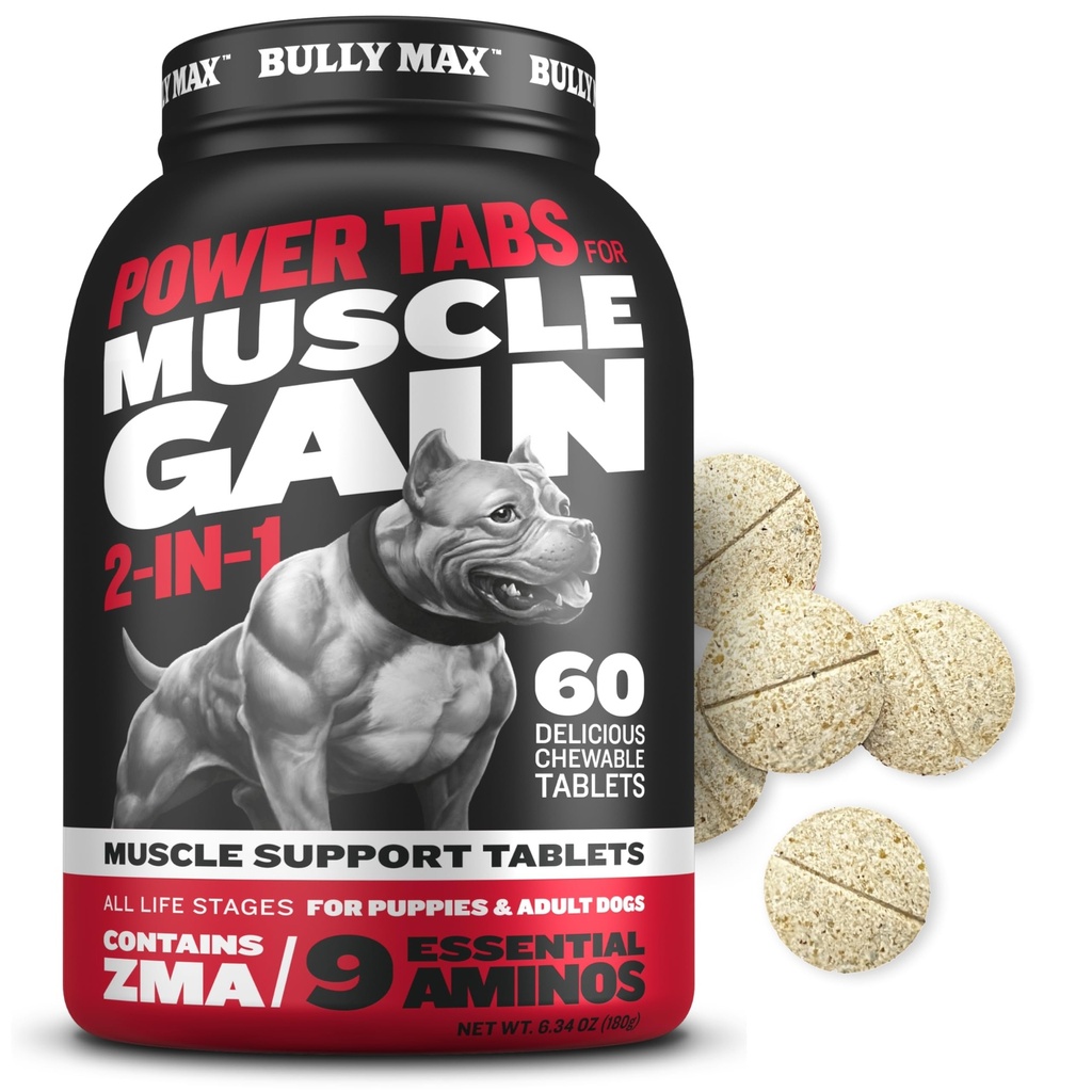 Bully Max 2-in-1 Muscle Builder Chewable Tablets for Puppies & Adult Dogs - Puppy & Dog Vitamin & Supplements for Muscle Gain & Growth - Ultimate Canine Multivitamin for All Breeds & Ages - 60 Tabs