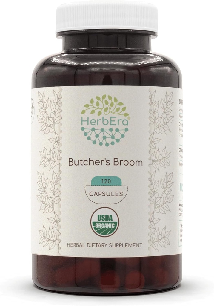 HerbEra Butcher 's Broom USDA Organic 120 Kapsułki 124; Natural Herbal Supplement Agregat 124; Certified Organic Vegetarian Capsules and Organic Butcher' s Broom (Ruscus aculeatus) Dried Root (120 Kapsułki)