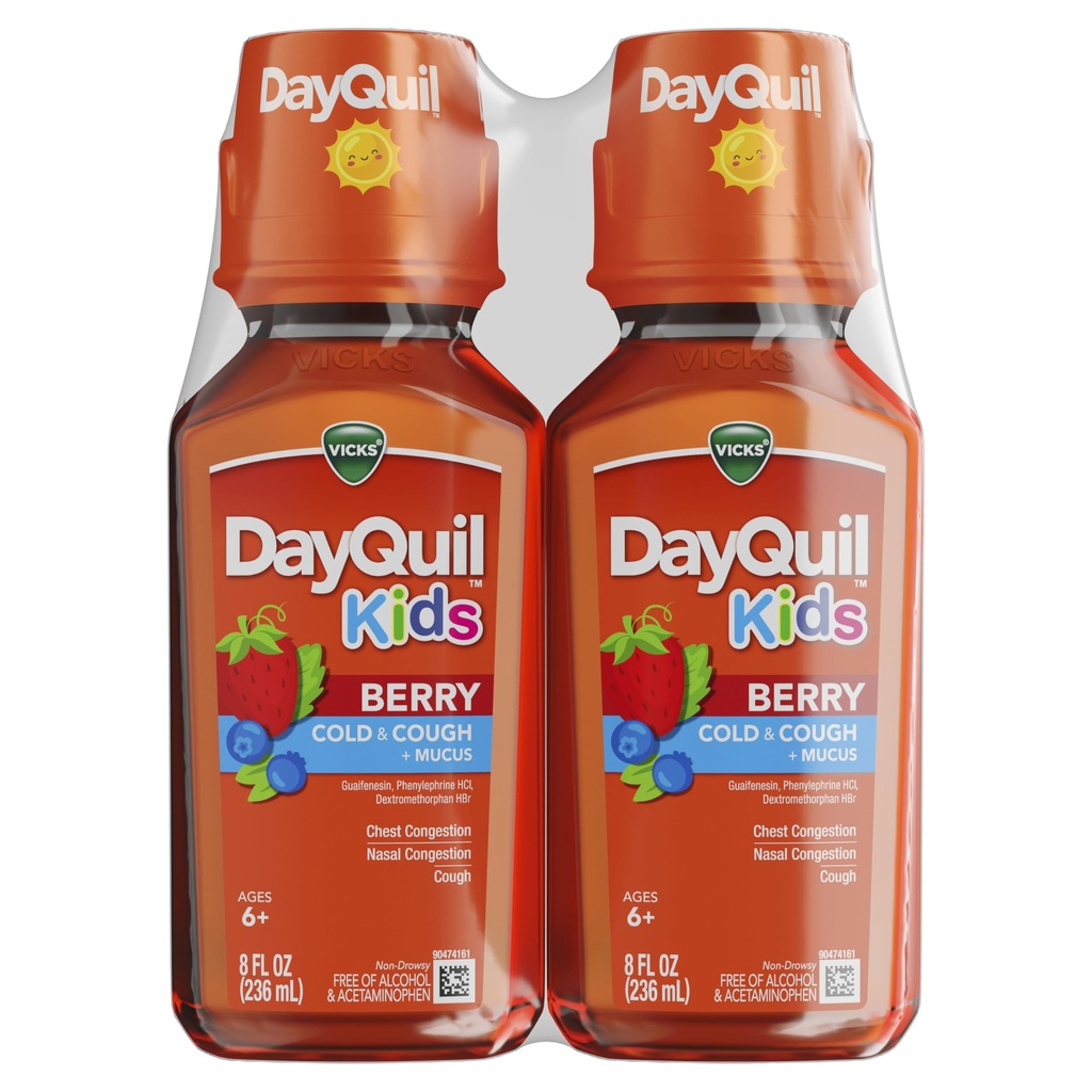 Vicks Kids DayQuil Berry Cold & Cough Medicine Co-Pack, Daytime Relief of Multiple Symptoms, Great-Tasting Berry Flavor, Free of Alcohol & Acetaminophen, For Ages 6+, 2x8oz