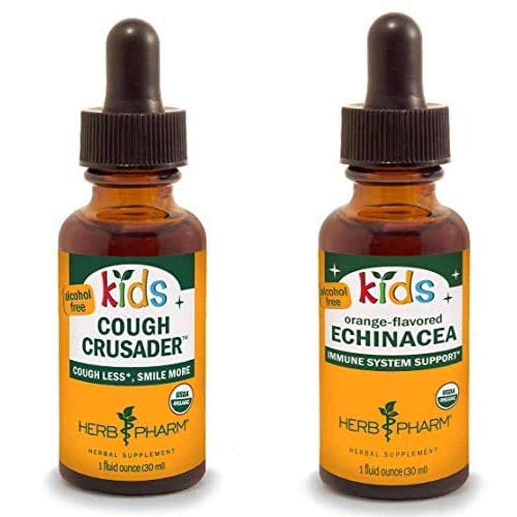 Herb Pharm Kids Certified-Organic Alcohol-Free Cough Crusader Liquid Herbal Formula, 1 Ounce & Kids Certified-Organic Alcohol-Free Echinacea Glycerite Liquid Extract, 1 Ounce