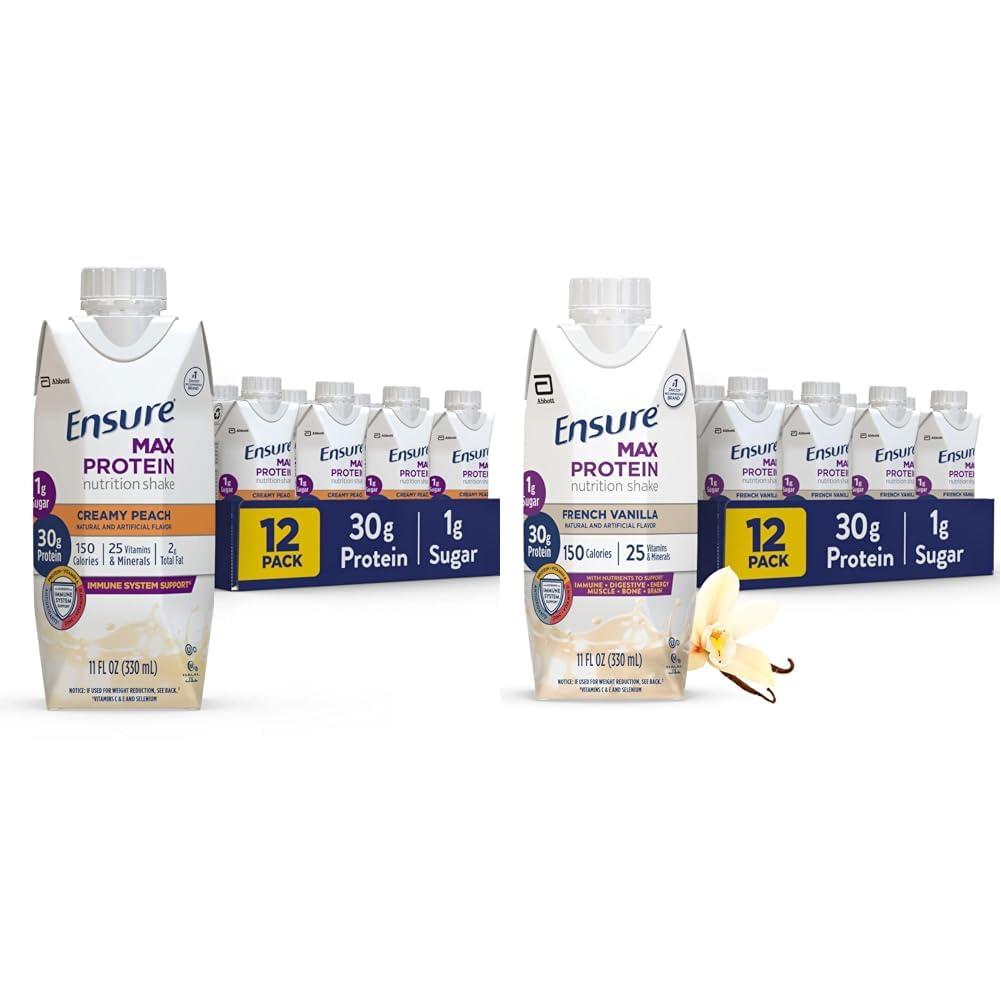 Zapewnić Max Protein Nutrition Shake z 30 g białka, 1 g cukru, wysoki poziom białka Shake, brzoskwinia kremowa i francuski Vanilla, Liquid, 11 fl oz (Opakowanie po 12)