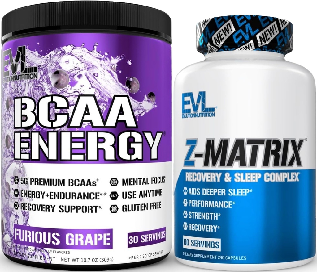 Evlution ZMatrix Magnez i Cynk Post Workout Supplement (60 Servings) Plus uzupełnianie BCAAs Amino Acids Proszek do Pre & Post Workout (Grape, 30 Servings)