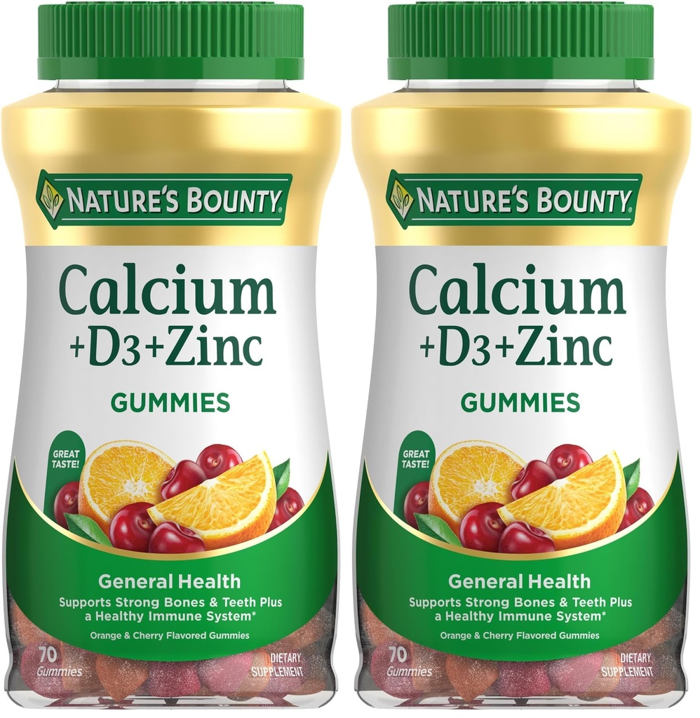 Bounty Wapń + D3 + Gummie cynku, Wspiera silne kości i zęby Plus zdrowy system immunologiczny, 500mg, Pomarańczowy i Cherry Flavored, 70 Gummies (Opakowanie 2)