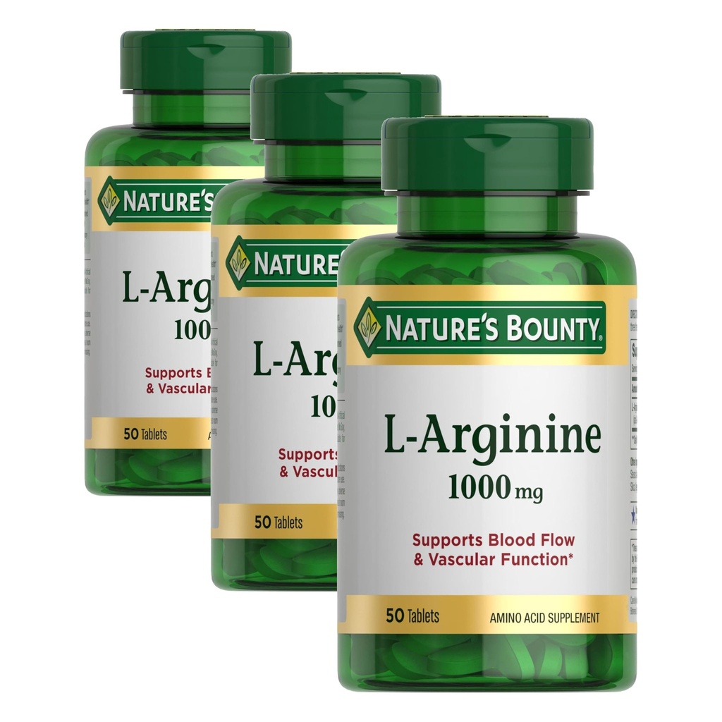 Nature 's Bounty L- Arginine 1000mg for Support Blood Flow and Vascular Function - Non-GMO, Gluten Free, 50 Tablets (Opakowanie po 3)