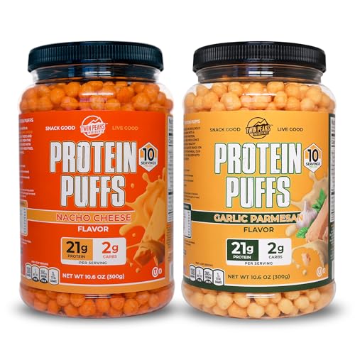 Twin Peaks Low Carb, Keto Friendly Protein Puffs, 1 Jug Parmesan Flavor Puffs + 1 Jug Nacho Cheese Flavor Puffs