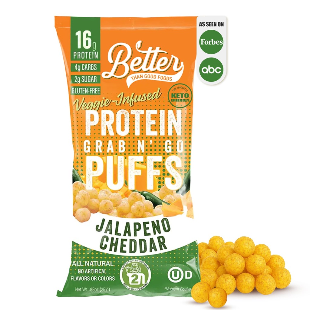 Lepsze niż dobre Savory Keto Jalapeno Cheddar Puffs Protein 124; Gluten- Free -16g Protein, Low Sugar, Low Calorie, Diabetic Friendly przekąski 124; Niskie węglowodory, Zdrowe dzieci przekąski 124; Brak sztucznych aromatów (12- Pack)