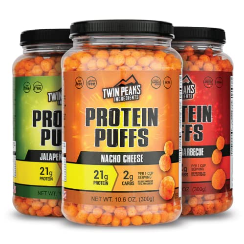 Twin Peaks Low Carb, Keto Friendly Protein Puffs, (Mesquite Grill + Nacho Cheese + Jalapeno Cheddar)
