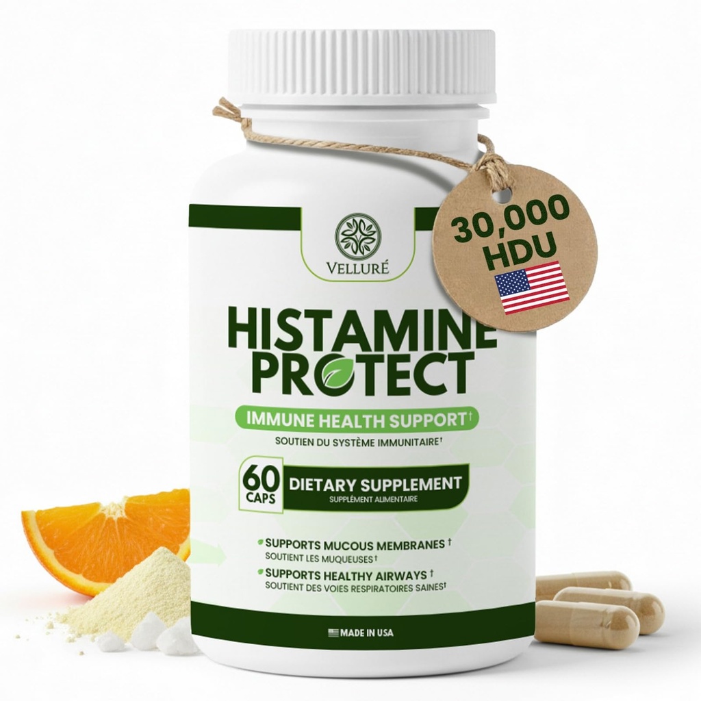 DAO Suplement enzymatyczny Blocker histaminy, 30.000 HDU oksydazy diaminy dla nietolerancji histaminy i fermentowanych żywności, Gut & Digestive Support z Quercetin, Magnezu i witaminy C, 60 kapsułki