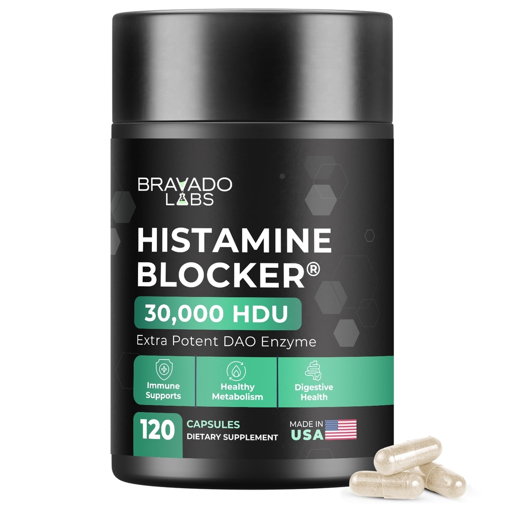 Bravado Labs DAO Supplements Histamine Blocker - Dodatkowa siła 30,000 HDU DAO Enzym + oksydaza diaminowa i witamina C do codziennego metabolizmu histaminy i wsparcia immunologicznego - 120ct