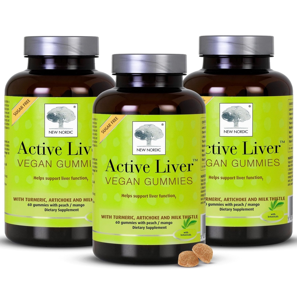 Nowość Nordic Active Liver Gummies, Ostrze mleczne, Karczoch i suplement turmerowy, Natural Peach & Mango Flavor, Sugar Free & Vegan, 60 Count (Pack of 3)