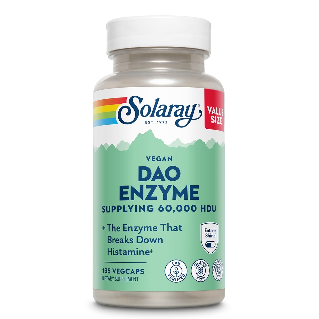 SOLARAY DAO Enzym - Enzym trawienny, który łamie Histaminę - 60 000 HDU - Enzymy trawienne - Wegan, Gluten Free, Lab Verified - 135 Servings, 135 VegCaps