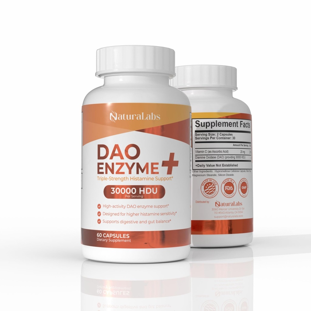 DAO Enzyme + Blocker histaminowy - Trzykrotna siła 30,000 HDU Formuła - DAO Enzyme Suplementy z witaminą C - Nietolerancja histaminy Digestive Support - 60 Kapsułki