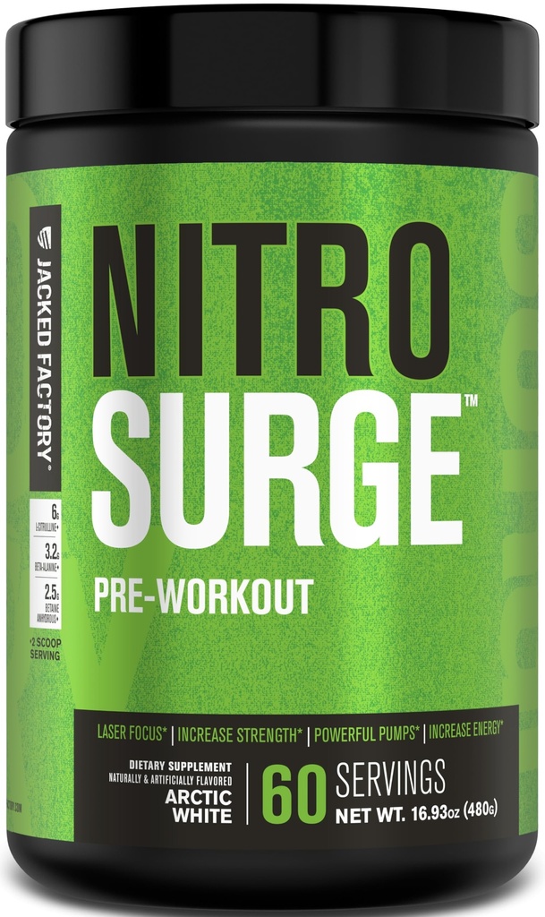 Jacked Factory NITROSURGE PreWorkout Supplement - Endless Energy, Instant Strength Gains, Clear Focus, Intensywne pompy - NO Booster & Potężny Prettenment Energy Powder - 60 Sług, Arctic White