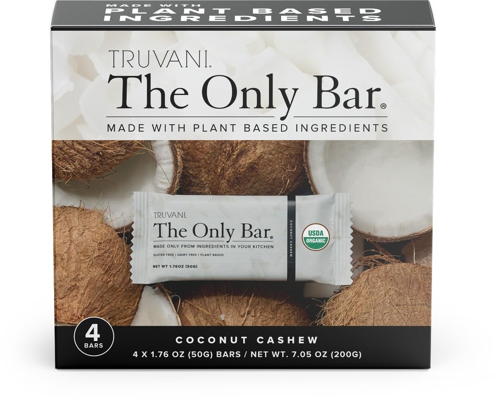 Truvani Plant Based Snack Bars, 124; Coconut Cashew 4 Pack, 124; 5g Protein, 124; USDA Organic and Vegan, 124; The Only Bar, 124; Dairy, Soy, and Gluten Free, 124; Indywidualnie zapakowane