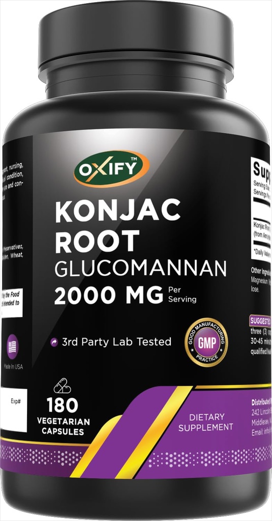 Oxify Konjac Glukomannan 2000 mg 124; 180 Kapsułki wegetariańskie 124; Bezglutenowe, Non-GMO Glukomannan 124; Suplement Made in USA