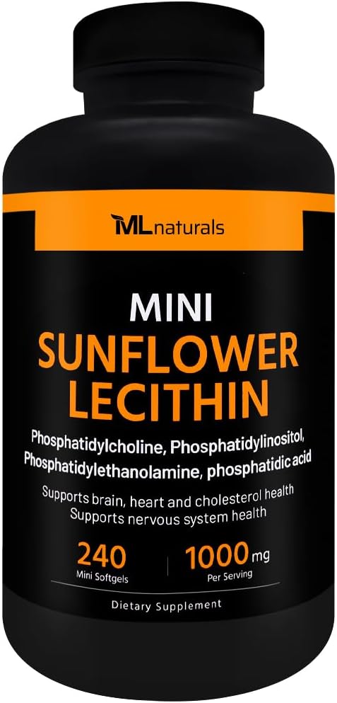 ML Naturals Mini słonecznik Lecytyna 240 Softgels. Fosfatydylocholina, fosfatydyloinozytol, fosfatydyloetanoloamina, kwas fosforowy, NSF- Certified & cGMP- Compliant