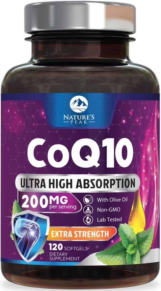 CoQ10 Softgels - Ultra High Absorption Koenzym Q10 200mg Per Serving - Co Q 10 Softgel Supplement With Black Pepper, Energy & Heart Support Antioksydant - dla kobiet i mężczyzn, Butelkowane USA - 120 Softgels
