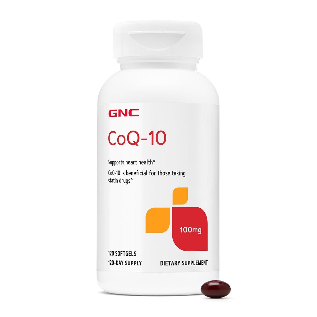 GNC CoQ- 10 100mg - Heart Health & Cellular Energy Support Dietetic Supplement - Przeciwutleniacz dla zdrowego układu sercowo-naczyniowego - Easy to Swallow Softgels - Wolna gluten- 120 Count (120 Servings)